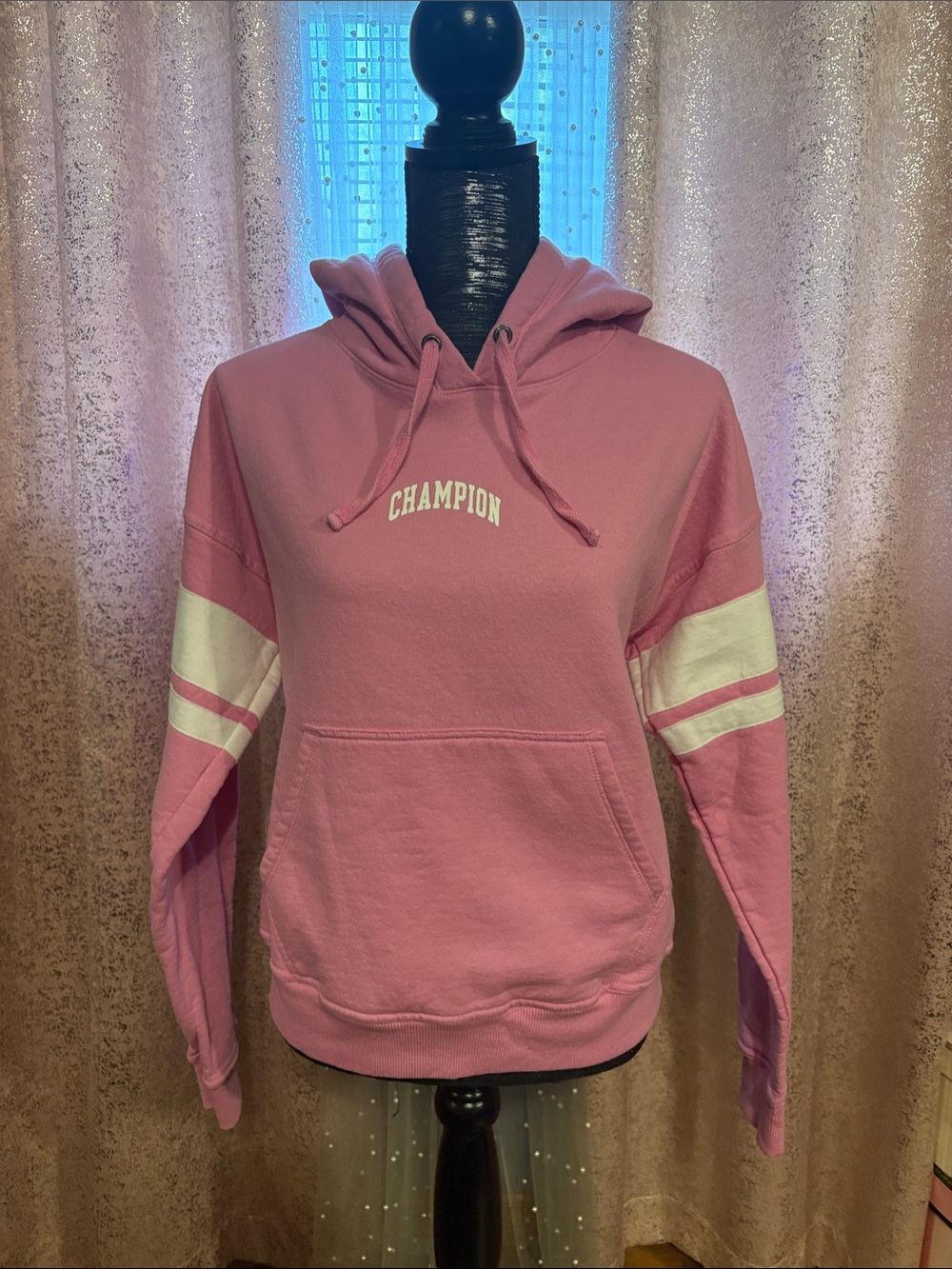Champion Pink Hooded Sweatshirt with White Sleeve Stripes